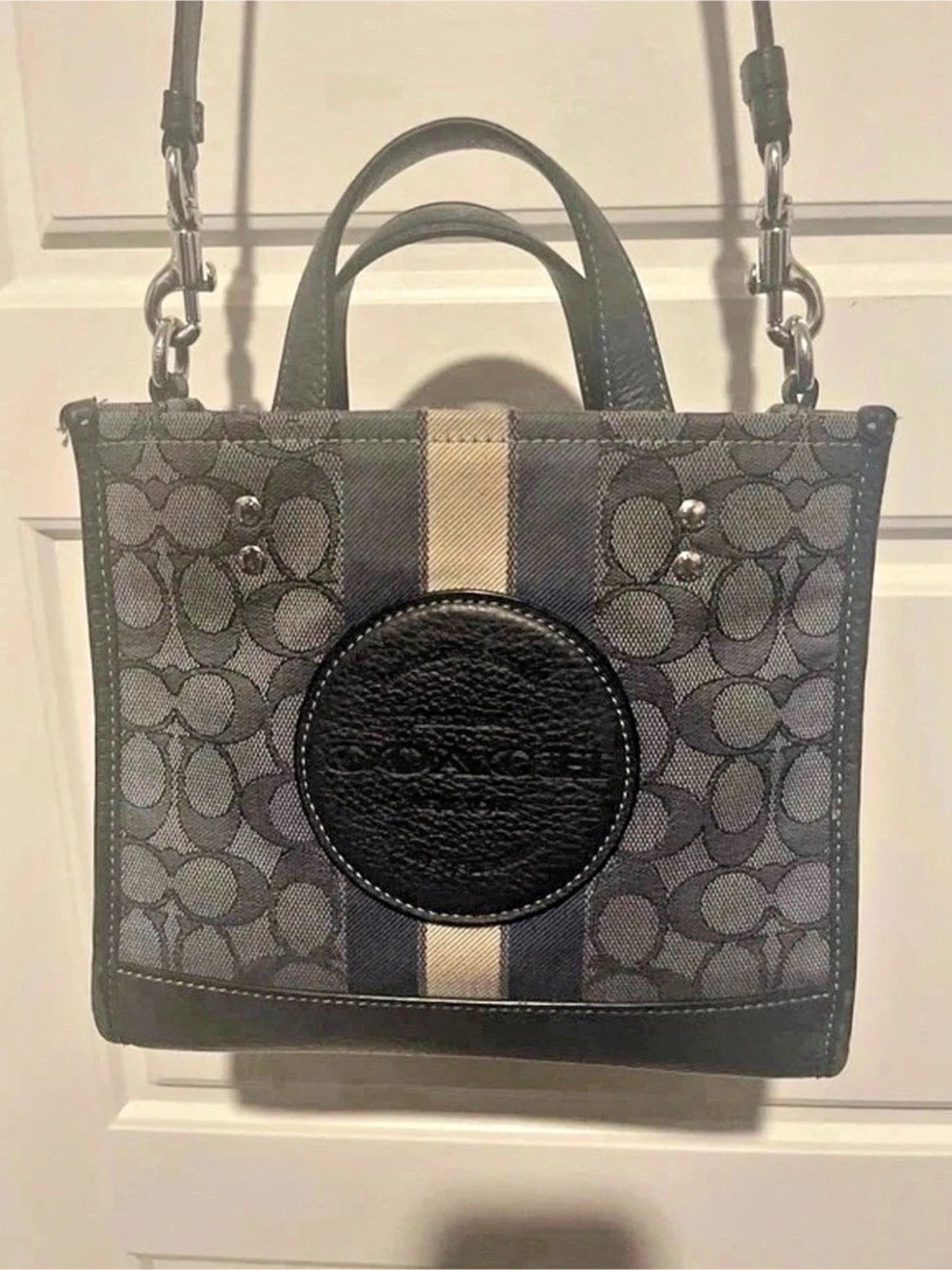 Coach Navy Signature Canvas Mini Tote with Center Stripe